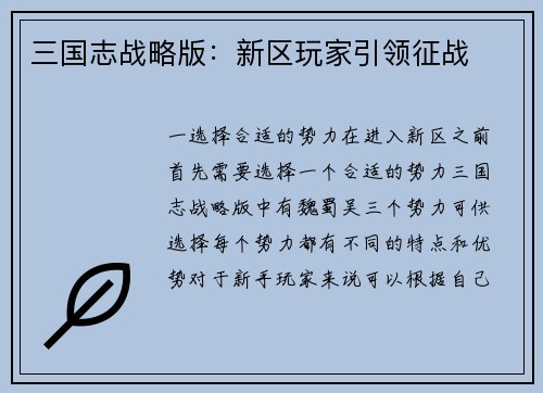 三国志战略版：新区玩家引领征战